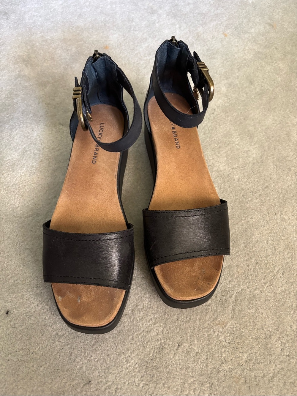 Lucky Brand Black Leather Ankle-Strap Wedge Sandals